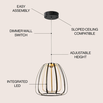 Gigi 11.5" Modern Glam Metal Adjustable Dimmable Stripe Cage Integrated LED Pendant - JONATHAN Y